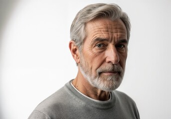 Senior man with gray hair and beard poses against a neutral background showing confidence and wisdom in his expression