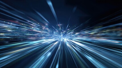A captivating abstract image showing light trails resembling high-speed motion through a vibrant cityscape at night, suggesting a sense of movement and energy.