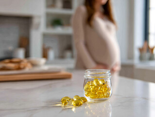 Pregnant woman standing in a bright kitchen with a jar of yellow prenatal vitamins on the counter symbolizing maternal health and prenatal care awareness