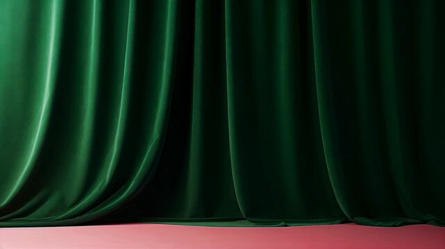 Heavy emerald curtains drape down onto a chroma green floor, studio lighting revealing smooth folds and depth; versatile green-screen plate for keying talent &mdash; 