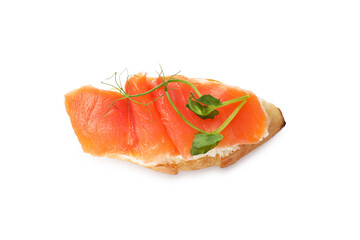 Tasty bruschetta with salmon, cream cheese and microgreens isolated on white, top view