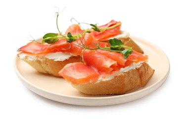 Tasty bruschettas with salmon, cream cheese and microgreens isolated on white