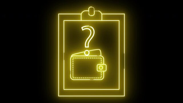 Neon outlined wallet question mark on clipboard Yellow illumination on black backdrop