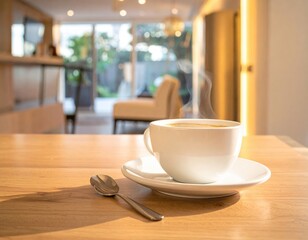 Steaming Coffee Cup on Wooden Table with Soft Sunlight and Blurred Background
