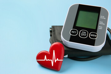 Cardiology, healthcare service. Red heart with pulse line and blood pressure measuring device on...