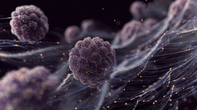 This image depicts an abstract representation of cells in a creative, isolated design with swirling patterns and glowing particles.