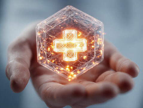 Human hand holding glowing digital health care symbol inside futuristic hexagonal network cube representing medical technology and innovation concepts - Powered by Adobe
