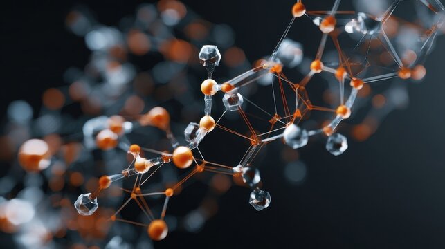 A visually striking illustration of a molecular structure featuring interconnected atoms in orange and transparent colors against a dark background.