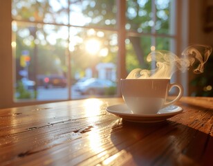 Steaming Coffee Cup on Wooden Table with Sunlight Through Window