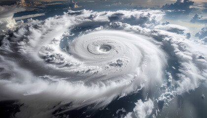 Aerial view of a powerful hurricane with a visible eye and swirling cloud formations.