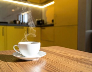 Steaming Coffee Cup on Wooden Table with Yellow Kitchen Background