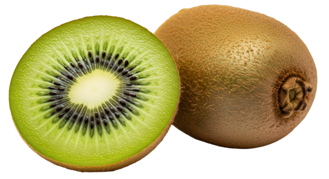 Closeup of a whole and a halved kiwi fruit isolated on transparent background, showcasing the vibrant green flesh and black seeds