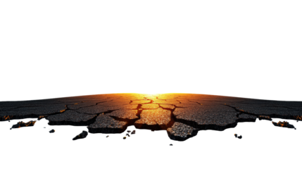 Cracked Road Leading into a Sunset Horizon on Transparent Background