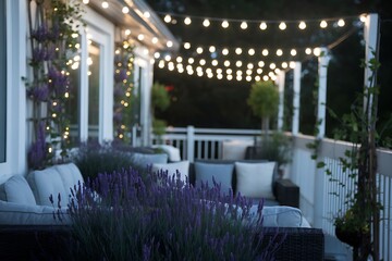 An Enchanting Outdoor Living Space Adorned with String Lights and Lush Lavender Offers Relaxation and Serenity
