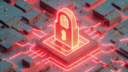 Futuristic digital lock symbolizing cybersecurity on a glowing microchip with vibrant neon lights - Powered by Adobe