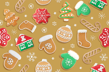 Christmas cookies and cutters on pale brown background, top view. Pattern design