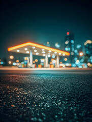 A dimly lit urban gas station with vibrant orange canopy lights glowing against a blurred city skyline at night, viewed from a wet asphalt surface perspective