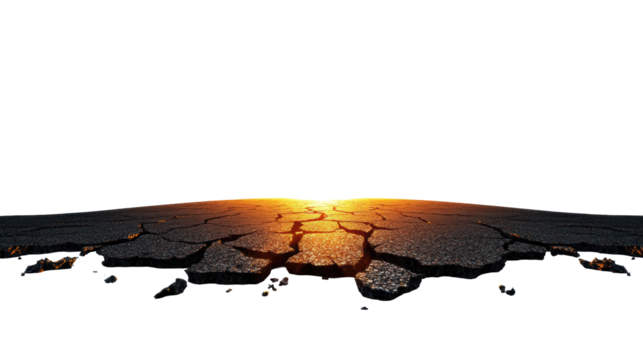 Cracked Road Leading into a Sunset Horizon on Transparent Background