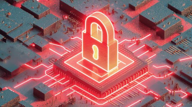 Futuristic digital lock symbolizing cybersecurity on a glowing microchip with vibrant neon lights - Powered by Adobe