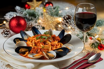 Delicious Seafood Pasta with Red Wine, Festive Holiday Decorations, and Elegant Table Setting for a Memorable Christmas Dinner