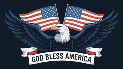 Majestic bald eagle with american flags and god bless america banner silhouette