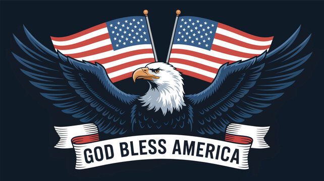 Majestic bald eagle with american flags and god bless america banner silhouette