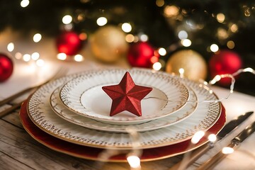 Festive Christmas Table Setting with Red Star, Plates, and Ornament Baubles Illuminated by Warm String Lights for a Holiday Celebration.