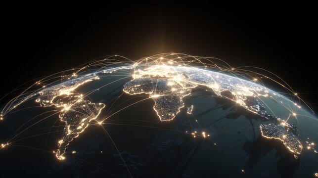 A beautifully illuminated view of Earth from space, showing global connectivity with bright lines representing data flow and communication systems across continents.