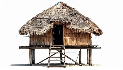 "Traditional bamboo stilt house with thatched roof, elevated structure and woven walls in tropical setting"