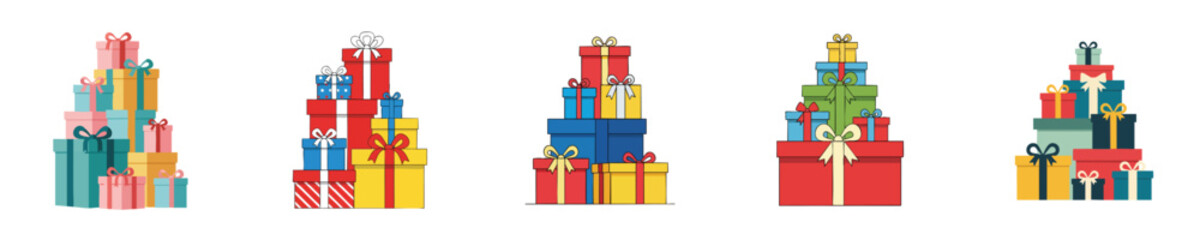 Gift Stack Vector Illustration Set Holiday Present Tower Flat Design