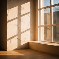 Sunlit Empty Room Corner with Texture Plaster Wall and Window, Minimalist Interior, Warm Tones