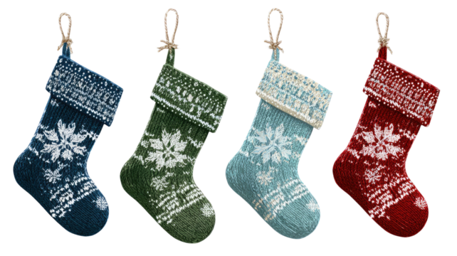 Christmas socks hanging on a clothesline with festive seasonal holiday textile detail display isolated on white background
