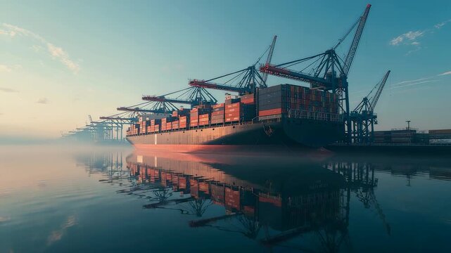Large cargo ship loaded with containers at misty port with cranes and calm water reflection at dawn