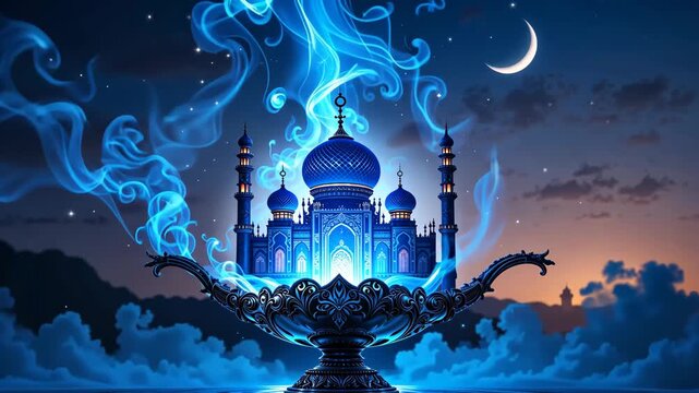 Blue mosque glowing in moonlight surrounded by arabesque patterns and mystical smoke. Spiritual and divine concept
