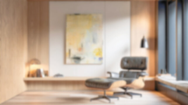 Blurred modern minimalist interior with luxury lounge chair and warm wood tones, creating an elegant backdrop. Perfect for virtual meetings, website design, and sophisticated presentations.