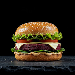Juicy beet burger with fresh lettuce, tomato, and cheese on sesame bun