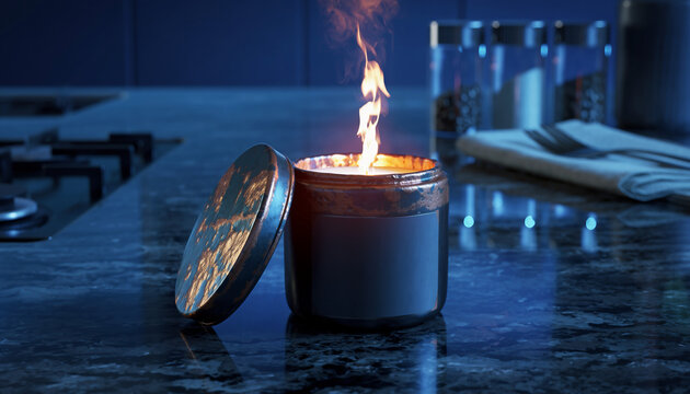 A flickering flame from a stylish candle illuminates a modern kitchen countertop, creating a warm and cozy evening ambiance with a captivating glow