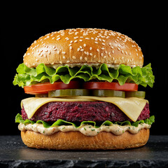 Juicy gourmet beetroot burger stacked high with fresh lettuce, tomato, cheese, and pickles