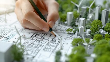 Hand with green pencil draws on blueprint beside miniature city model with wind turbines and trees - Powered by Adobe