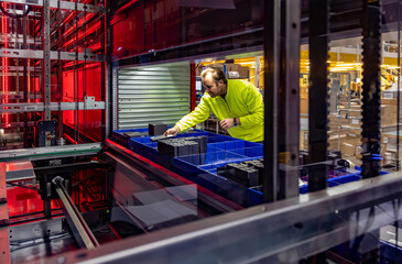 Warehouse employee operating an automated storage and retrieval system. The worker in a high-visibility jacket reaches into blue bins surrounded by machinery and red lighting in a logistics facility.