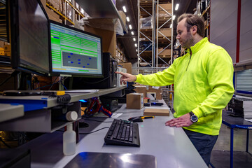 Warehouse employee working at a computer station, managing logistics and inventory. The worker in a high-visibility jacket operates digital systems surrounded by cardboard boxes and packing tools.