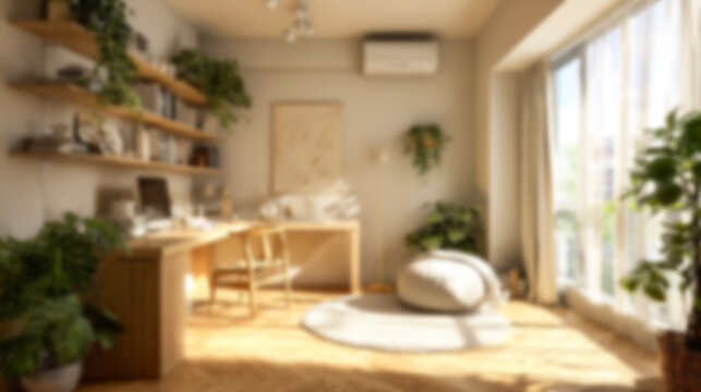 Blurred modern minimalist interior background with warm natural light, soft shadows, and green plants. Ideal for virtual meeting backdrops, website design, and presentations.