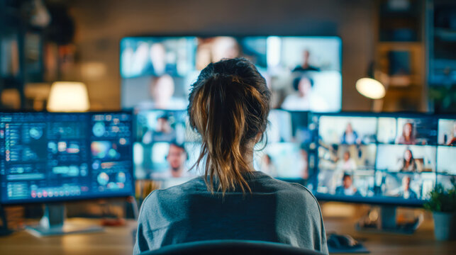Woman in casual wear participating in a virtual meeting with multiple people on various screens in a cozy, dimly lit home office environment