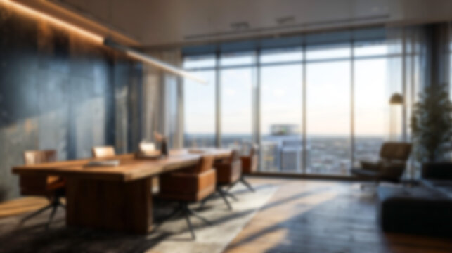 Blurred modern luxury office interior with warm ambient lighting and city skyline view. Perfect background for virtual meetings, corporate presentations, websites, and professional branding.