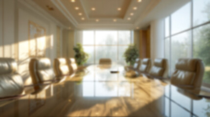 Blurred luxury conference room interior with warm golden light, elegant design, and brown leather chairs. Ideal for virtual meetings, zoom backgrounds, business presentations, and website use.