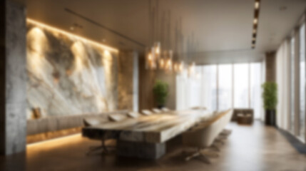 Blurred modern luxury conference room interior with warm lighting and neutral tones. Ideal for professional business meetings, virtual calls, and elegant website backgrounds.