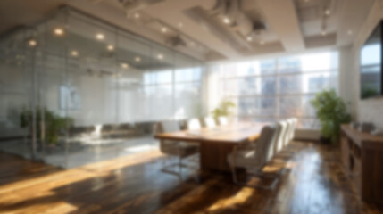 Naklejka premium Blurred modern conference room interior, featuring warm natural light, wooden floors, and glass partitions. Ideal as a luxurious background for virtual meetings, zoom calls, business presentations,
