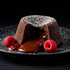Indulge in decadent chocolate lava cake dessert with fresh raspberries and powdered sugar