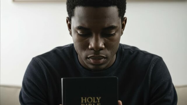 African American man embracing Christian faith holding Holy Bible, looking at viewer then reading it, for religious concept