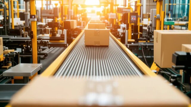 Conveyer Belt in Industrial Warehouse with Cardboard Boxes Ready for Shipment in a Modern Storage Facility